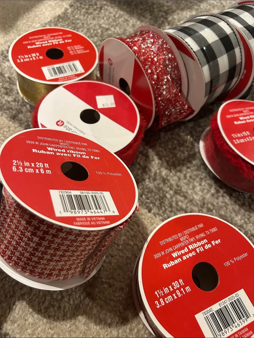 Holiday Ribbon Craft assorted Set - Red, Silver, Gold, Green, plaid